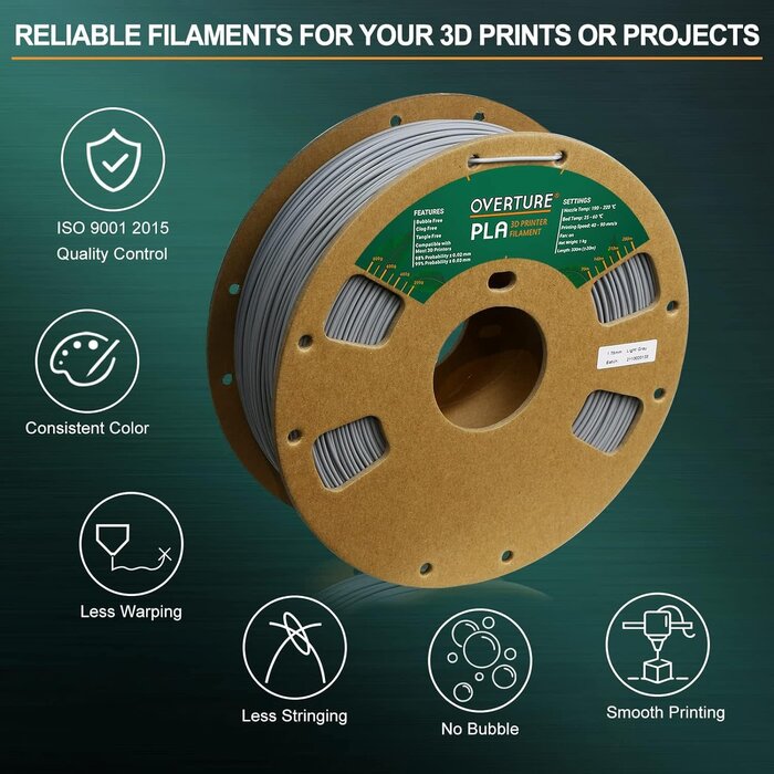 OVERTURE PLA Filament 1.75mm PLA 3D Printer Filament, 1kg Cardboard Spool (2.2lbs), Dimensional Accuracy +/- 0.02mm, Fit Most FDM Printer (Light Gray)