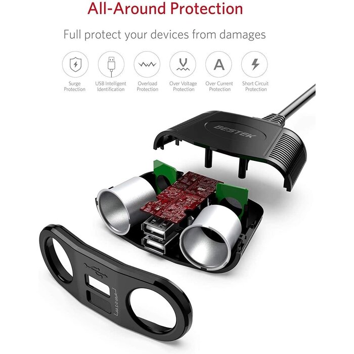 MRS152 - BESTEK 150W 2-Socket Cigarette Lighter Splitter Power Adapter DC Outlet Car Charger Splitter Dual 2.4A USB Car Cigarette Splitter with 26 Inches Cord for Cellphone GPS Dash Cam