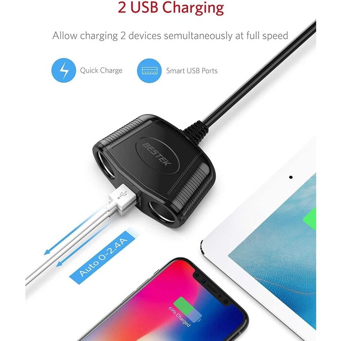 MRS152 - BESTEK 150W 2-Socket Cigarette Lighter Splitter Power Adapter DC Outlet Car Charger Splitter Dual 2.4A USB Car Cigarette Splitter with 26 Inches Cord for Cellphone GPS Dash Cam