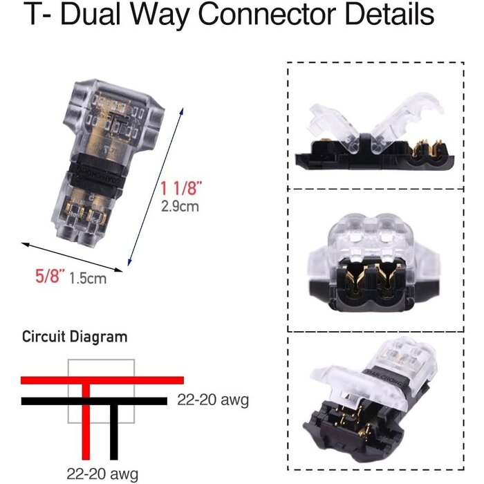 Brightfour 3WAY-WIRE-CONNECT - Brightfour - Wire Connectors - Low Voltage T Tap Wire Connectors, 3 Way Wire Connector, T Type 2 Pin Solderless No Wire Stripping Required for LED Strip, Automotive Connection Fits 24-20 AWG