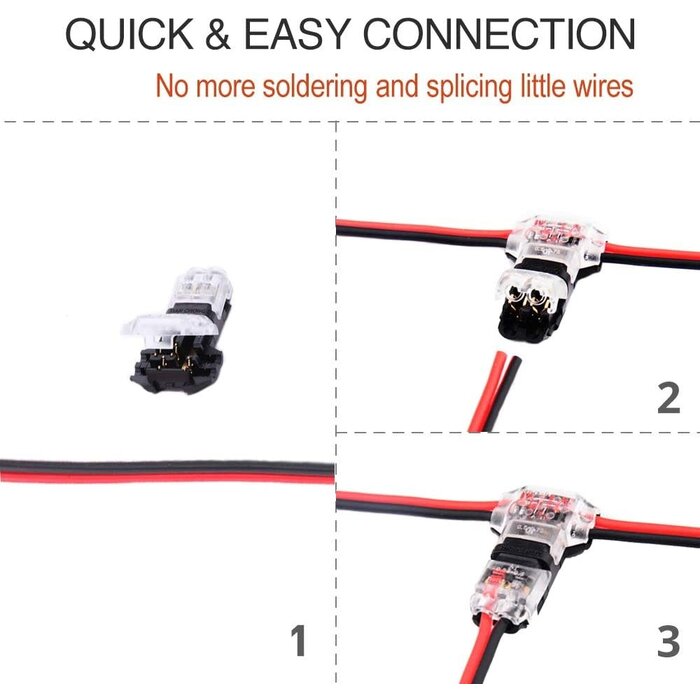 Brightfour 3WAY-WIRE-CONNECT - Brightfour - Wire Connectors - Low Voltage T Tap Wire Connectors, 3 Way Wire Connector, T Type 2 Pin Solderless No Wire Stripping Required for LED Strip, Automotive Connection Fits 24-20 AWG