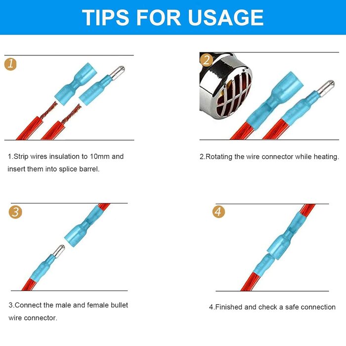 22-16AWG - HKS Heat Shrink Male and Female Bullet Connectors – 22-16 AWG Red – Tinned Copper Crimp Terminals – Waterproof & Insulated – for Automotive, Marine, and Electrical Wiring