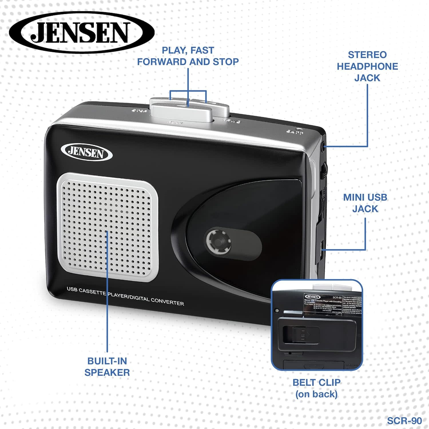 JENSEN® Stereo USB Cassette Player with Builtin Speaker and Encoding
