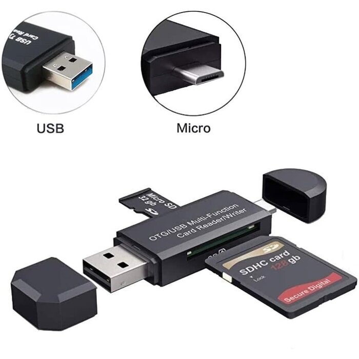 MICRO-USB-OTG - S/A  - Micro USB OTG/USB 2.0 Card Reader Adapter, SD/Micro SD Memory Card Reader with Standard USB Male & Micro USB Male Connector for Smartphones/Tablets with OTG FunctioN for SDXC, SDHC, SD, MMC, RS-MMC