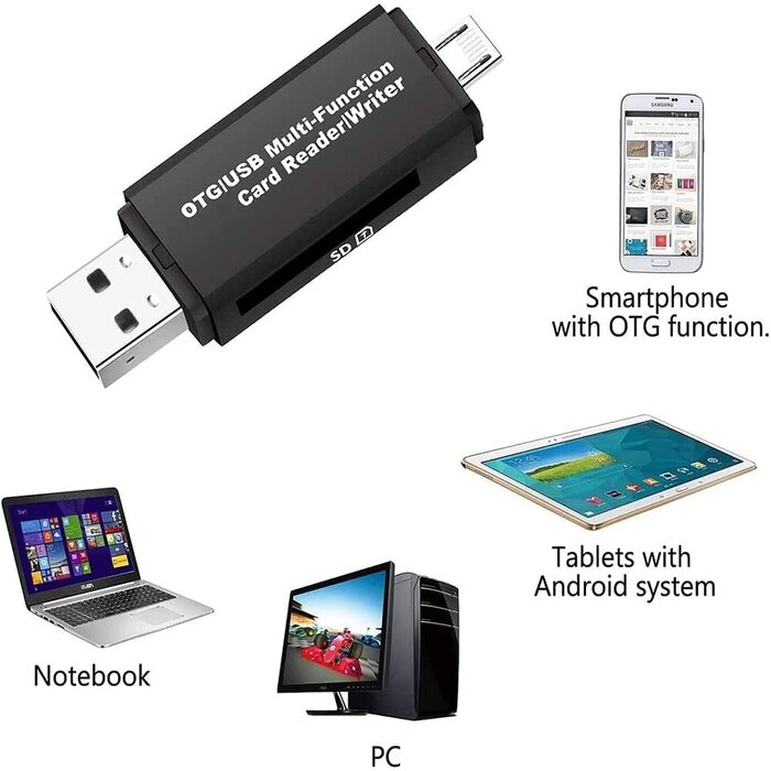 MICRO-USB-OTG - S/A  - Micro USB OTG/USB 2.0 Card Reader Adapter, SD/Micro SD Memory Card Reader with Standard USB Male & Micro USB Male Connector for Smartphones/Tablets with OTG FunctioN for SDXC, SDHC, SD, MMC, RS-MMC