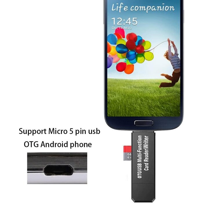 MICRO-USB-OTG - S/A  - Micro USB OTG/USB 2.0 Card Reader Adapter, SD/Micro SD Memory Card Reader with Standard USB Male & Micro USB Male Connector for Smartphones/Tablets with OTG FunctioN for SDXC, SDHC, SD, MMC, RS-MMC