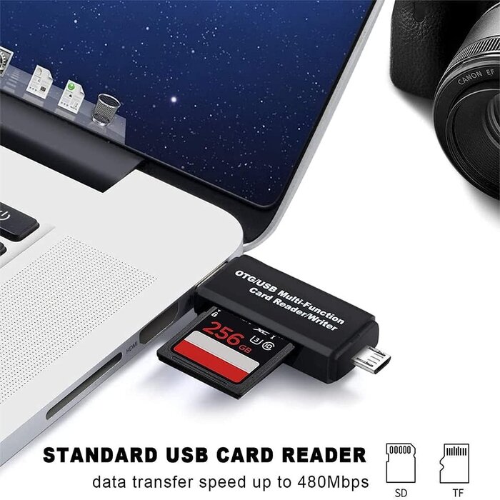 MICRO-USB-OTG - S/A  - Micro USB OTG/USB 2.0 Card Reader Adapter, SD/Micro SD Memory Card Reader with Standard USB Male & Micro USB Male Connector for Smartphones/Tablets with OTG FunctioN for SDXC, SDHC, SD, MMC, RS-MMC