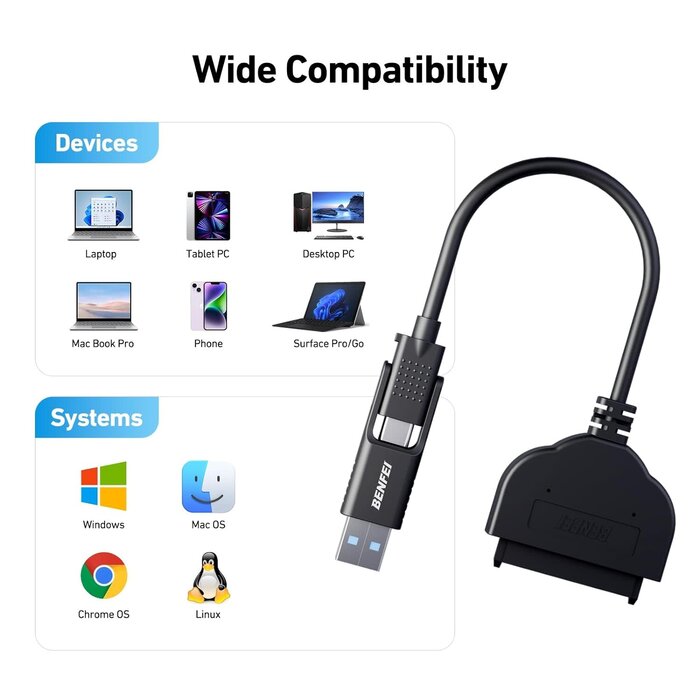 BENFEI SATA to USB Cable, 2in1 USB-C/USB 3.0 to SATA III Hard Driver Adapter