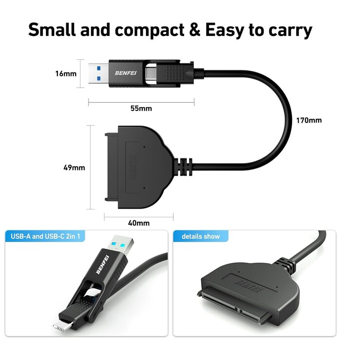 BENFEI SATA to USB Cable, 2in1 USB-C/USB 3.0 to SATA III Hard Driver Adapter