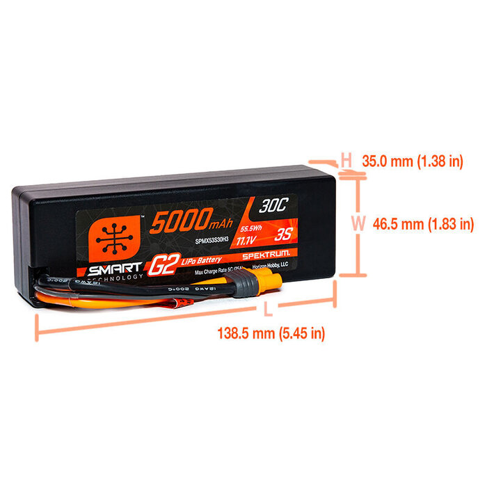 SPEKTRUM SPMX53S30H3 - 11.1V 5000mAh 3S 30C Smart G2 Hardcase LiPo Battery: IC3