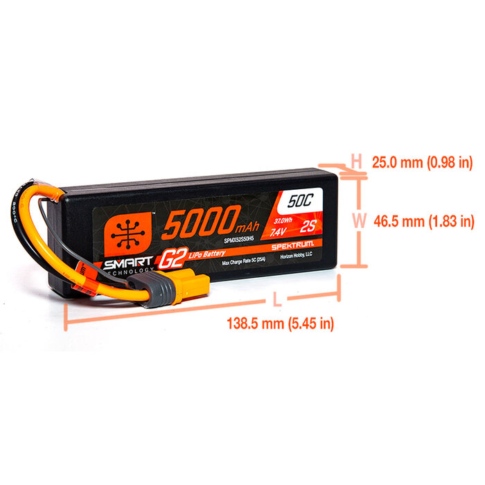 SPEKTRUM 7.4V 5000mAh 2S 50C Smart G2 Hardcase LiPo Battery: IC5