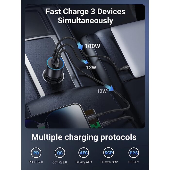 UGREEN 130W USB C Car Charger, PD 100W +PD 30W Type C Car Charger Adapter, Fast Charging Car Charger Compatible with iPhone 15 15 Plus 15 Pro 15 Pro Max, Galaxy S24 S23 Ultra, iPad, MacBook, and More