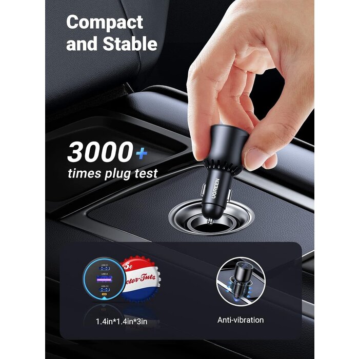 UGREEN 130W USB C Car Charger, PD 100W +PD 30W Type C Car Charger Adapter, Fast Charging Car Charger Compatible with iPhone 15 15 Plus 15 Pro 15 Pro Max, Galaxy S24 S23 Ultra, iPad, MacBook, and More