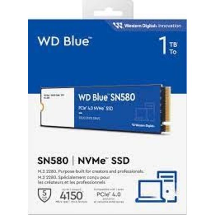 WDS100T3B0E - Western Digital - 1TB WD Blue SN580 NVMe Internal Solid State Drive SSD - Gen4 x4 PCIe 16Gb/s, M.2 2280, Up to 4,150 MB/s - WDS100T3B0E
