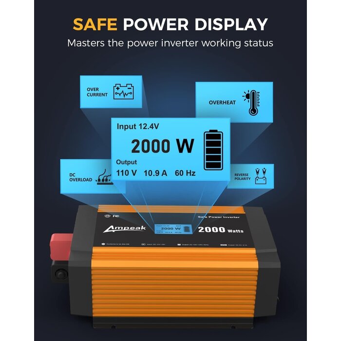 Ampeak 2000W Power Inverter 6.2A Dual USB Ports 3AC Outlets Inverter DC 12V to AC 110V 17 Protections for Truck, Hurricane, Rv