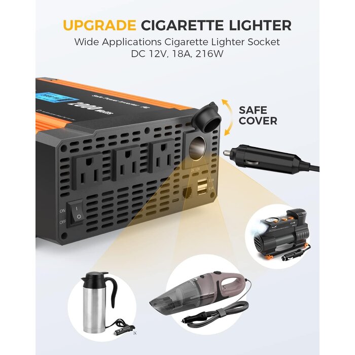 Ampeak 2000W Power Inverter 6.2A Dual USB Ports 3AC Outlets Inverter DC 12V to AC 110V 17 Protections for Truck, Hurricane, Rv