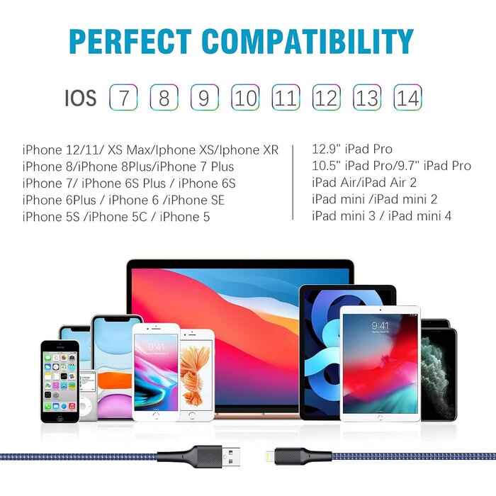 LIGHTNING 10FT - ZMHPJQ iPhone Charger Cable 10ft [Apple MFi Certified] Long Lightning Cable 10 Foot iPhone Charging Cord for iPhone 12/11/11 Pro/X/Xs Max/XR/8/8 Plus/7/6/6s/SE/5c/5s/5 iPad Air 2/Mini Airpods