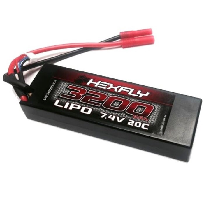 Hexfly HX-320020C-BV2 - Hexfly 2 cell 7.4V 3200mAh 20C LiPo Battery, Hard Case, Banana Connector