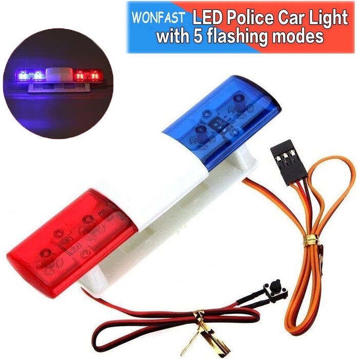WONFAST RC Car Alarming Light, RC Model LED Police Night Light Bar Flash Lamp Compatible with 1/10 1/8 RC HSP Traxxas Tamiya CC01 4WD Axial SCX10 Model Car(Blue/Red)