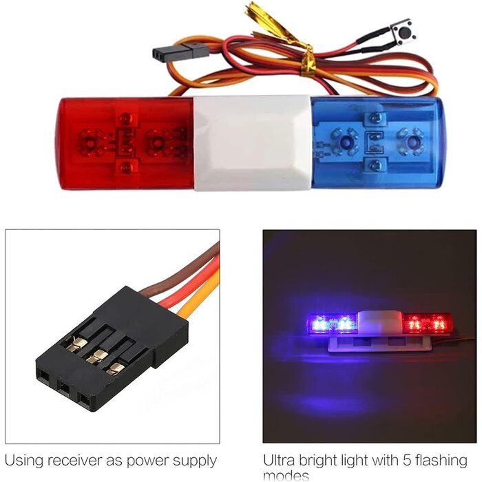 WONFAST RC Car Alarming Light, RC Model LED Police Night Light Bar Flash Lamp Compatible with 1/10 1/8 RC HSP Traxxas Tamiya CC01 4WD Axial SCX10 Model Car(Blue/Red)