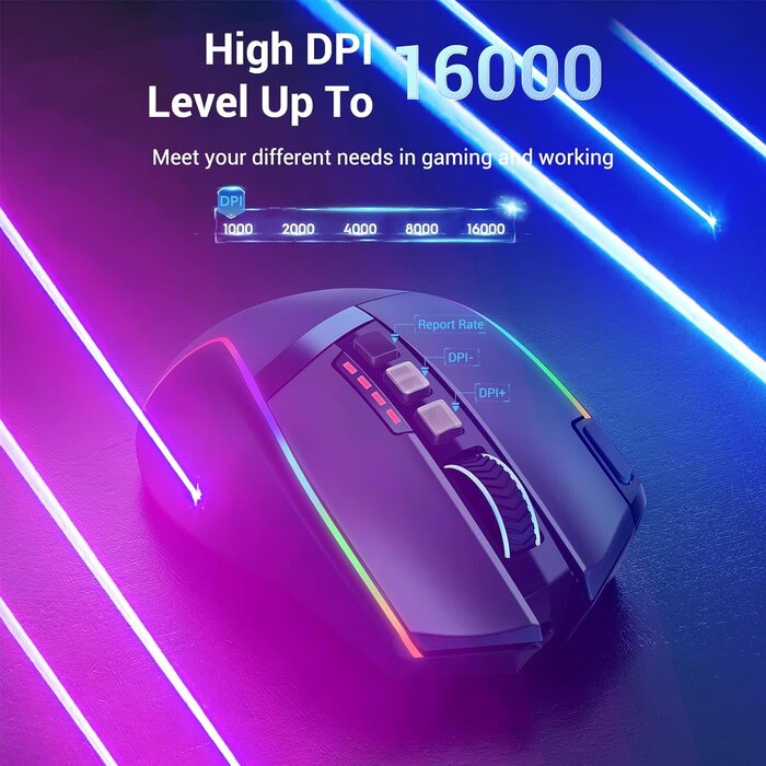 M915WL-RGB - Redragon Wireless Gaming Mouse, Ergonomic Mouse 16000 DPI with Rapid Fire Key, 9 Macro Buttons, 170-Hour Durable Power Capacity and RGB Backlight Wired/Wireless Mouse for Laptop/Mac/PC