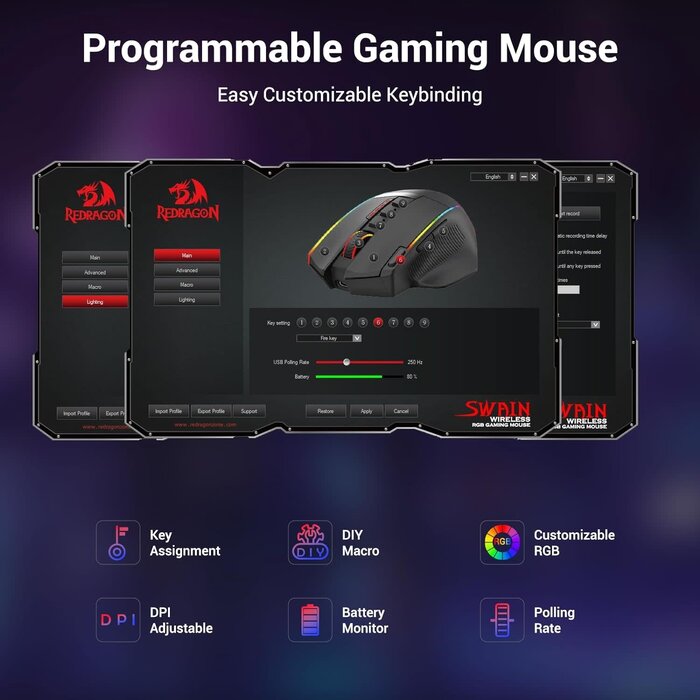 Redragon Wireless Gaming Mouse, Ergonomic Mouse 16000 DPI with Rapid Fire Key, 9 Macro Buttons, 170-Hour Durable Power Capacity and RGB Backlight Wired/Wireless Mouse for Laptop/Mac/PC