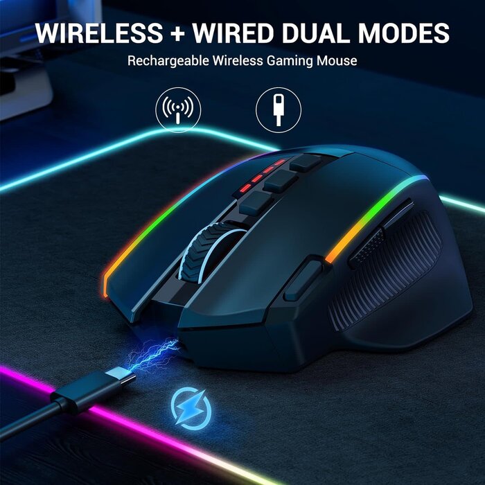 M915WL-RGB - Redragon Wireless Gaming Mouse, Ergonomic Mouse 16000 DPI with Rapid Fire Key, 9 Macro Buttons, 170-Hour Durable Power Capacity and RGB Backlight Wired/Wireless Mouse for Laptop/Mac/PC