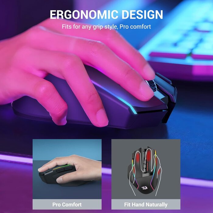 M915WL-RGB - Redragon Wireless Gaming Mouse, Ergonomic Mouse 16000 DPI with Rapid Fire Key, 9 Macro Buttons, 170-Hour Durable Power Capacity and RGB Backlight Wired/Wireless Mouse for Laptop/Mac/PC