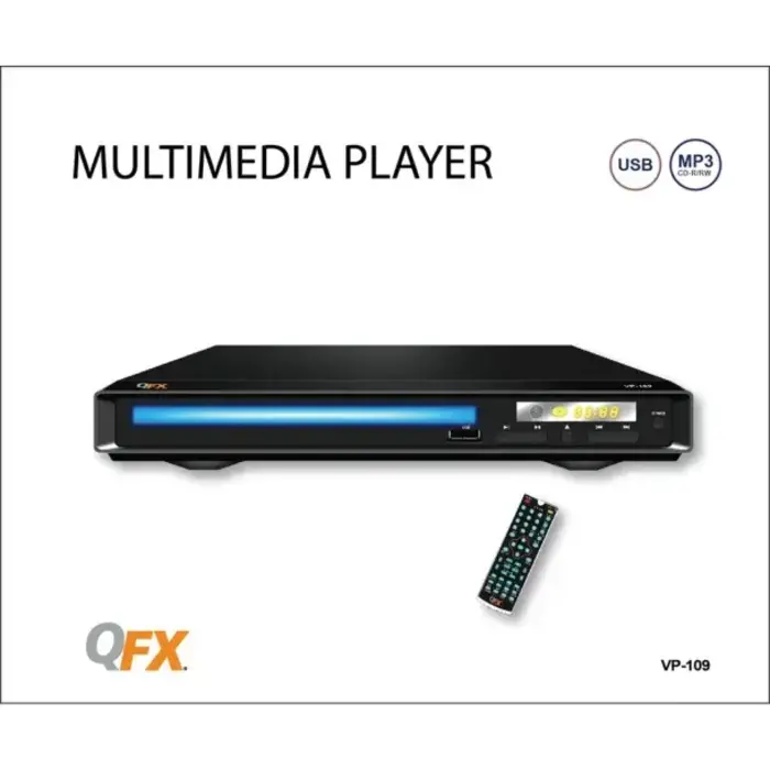 QFX® Standard-Definition DVD/CD Player with USB and FM Radio, RCA L/R audio and video outputs, VP-109