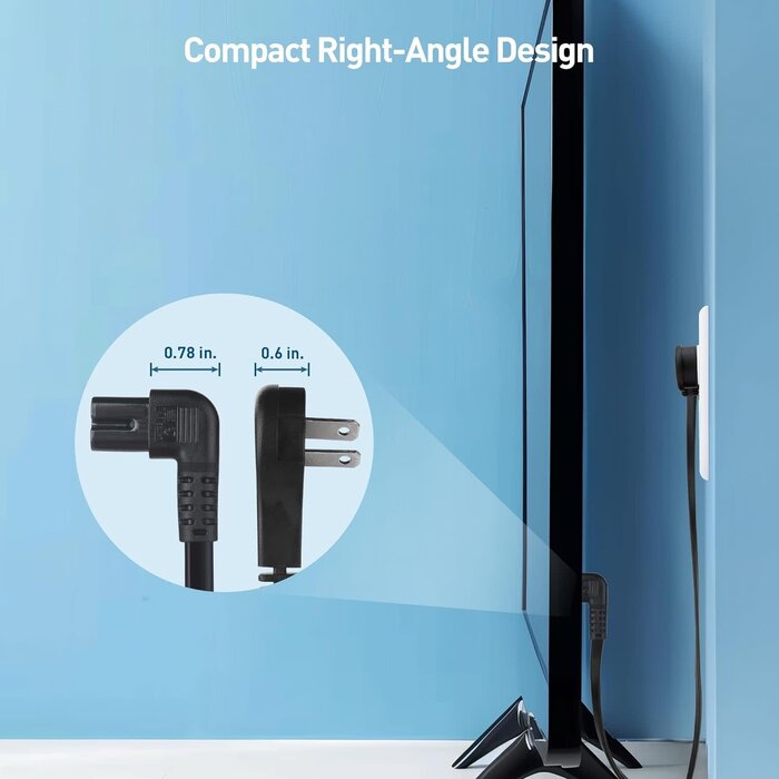 2 Prong Right Angle TV Power Cord 6ft, Flat AC Power Cord Right Angle Works with Samsung LG Sony Insignia TCL Sharp Toshiba Hisense TV PS5, (NEMA 1-15P to IEC C7)