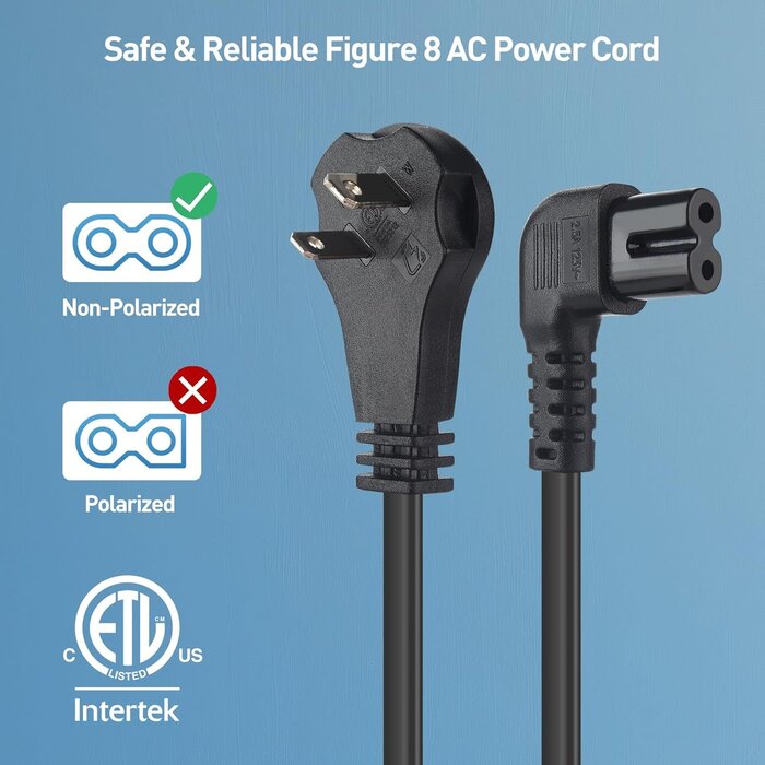 2 Prong Right Angle TV Power Cord 6ft, Flat AC Power Cord Right Angle Works with Samsung LG Sony Insignia TCL Sharp Toshiba Hisense TV PS5, (NEMA 1-15P to IEC C7)