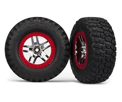 Traxxas 6873A - Tire & wheel assy, glued (SCT Split-Spoke chrome, red beadlock style wheel, BFGoodrich® Mud-Terrain™ T/A® KM2 tire, inserts) (2) (4WD f/r, 2WD rear)