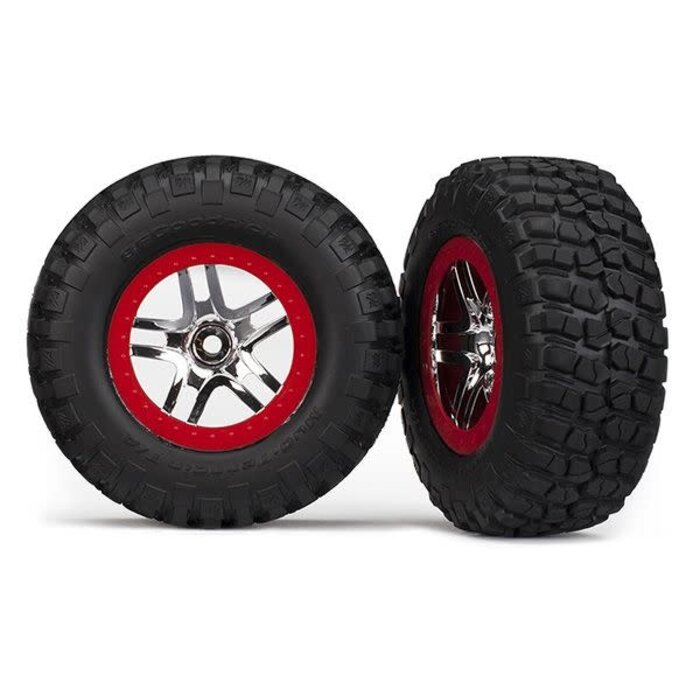 Traxxas 6873A - Tire & wheel assy, glued (SCT Split-Spoke chrome, red beadlock style wheel, BFGoodrich® Mud-Terrain™ T/A® KM2 tire, inserts) (2) (4WD f/r, 2WD rear)