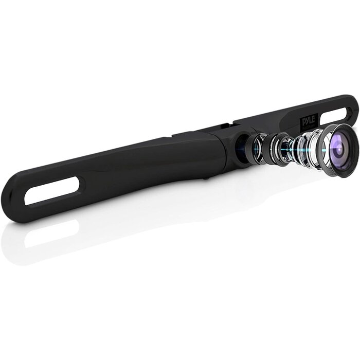 PYLPLCM18BC - Pyle License Plate Rear View Camera - Built-in Distance Scale Lines Backup Parking/Reverse Assist Waterproof Adjustable Slim Bar Cam w/ 420 TVL Resolution & RCA Output Zinc Black Chrome PLCM18BC
