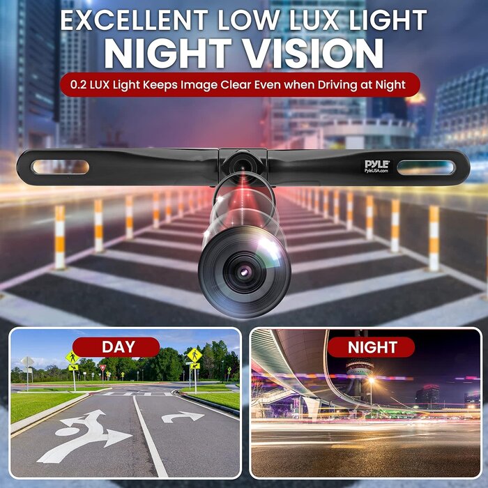 PYLPLCM18BC - Pyle License Plate Rear View Camera - Built-in Distance Scale Lines Backup Parking/Reverse Assist Waterproof Adjustable Slim Bar Cam w/ 420 TVL Resolution & RCA Output Zinc Black Chrome PLCM18BC