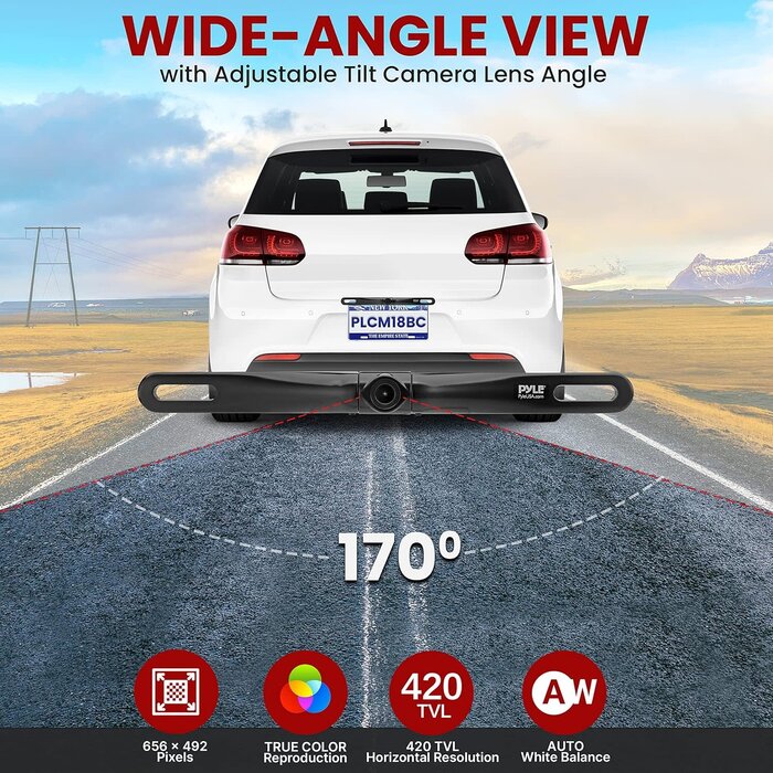 PLCM18SC - Pyle License Plate Rear View Camera - Built-in Distance Scale Lines Backup Parking/Reverse Assist Waterproof Adjustable Slim Bar Cam with 420 TVL Resolution & RCA Output Zinc Metal Chrome - Pyle PLCM18SC, 10 inches