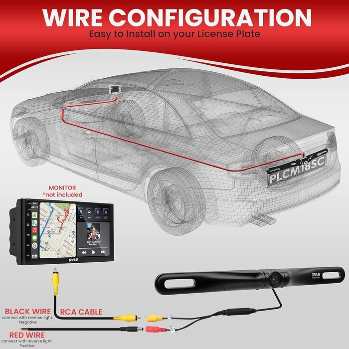 PYLPLCM18BC - Pyle License Plate Rear View Camera - Built-in Distance Scale Lines Backup Parking/Reverse Assist Waterproof Adjustable Slim Bar Cam w/ 420 TVL Resolution & RCA Output Zinc Black Chrome PLCM18BC
