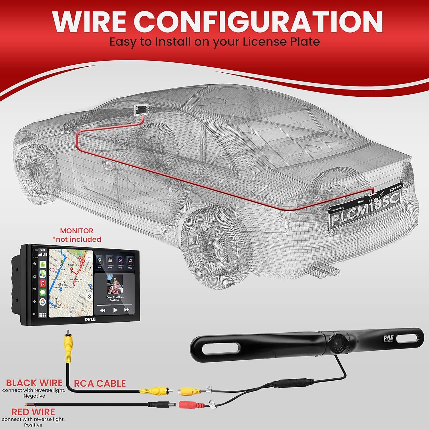 PLCM18SC - Pyle License Plate Rear View Camera - Built-in Distance Scale Lines Backup Parking/Reverse Assist Waterproof Adjustable Slim Bar Cam with 420 TVL Resolution & RCA Output Zinc Metal Chrome - Pyle PLCM18SC, 10 inches