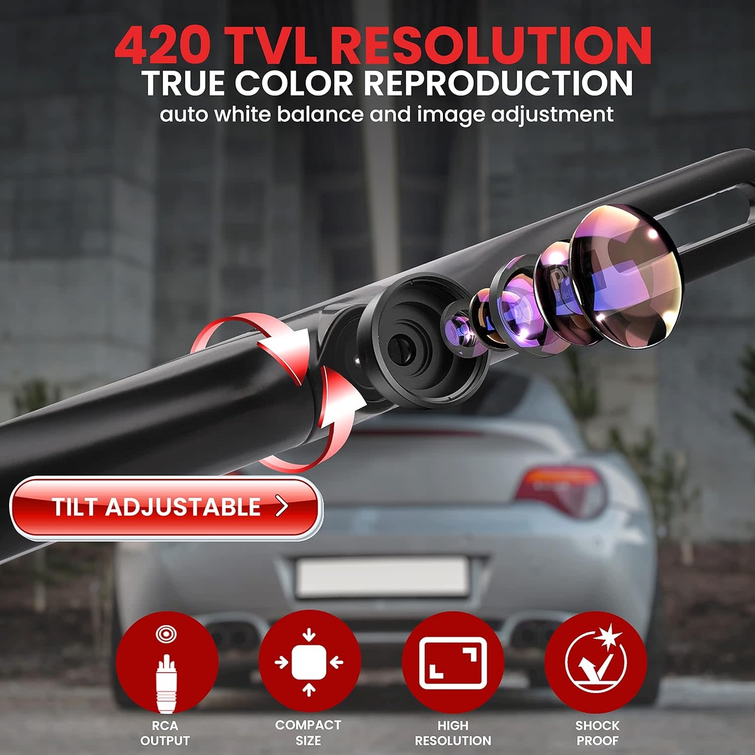 PLCM18SC - Pyle License Plate Rear View Camera - Built-in Distance Scale Lines Backup Parking/Reverse Assist Waterproof Adjustable Slim Bar Cam with 420 TVL Resolution & RCA Output Zinc Metal Chrome - Pyle PLCM18SC, 10 inches