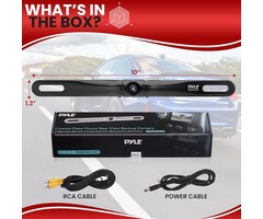 PLCM18SC - Pyle License Plate Rear View Camera - Built-in Distance Scale Lines Backup Parking/Reverse Assist Waterproof Adjustable Slim Bar Cam with 420 TVL Resolution & RCA Output Zinc Metal Chrome - Pyle PLCM18SC, 10 inches