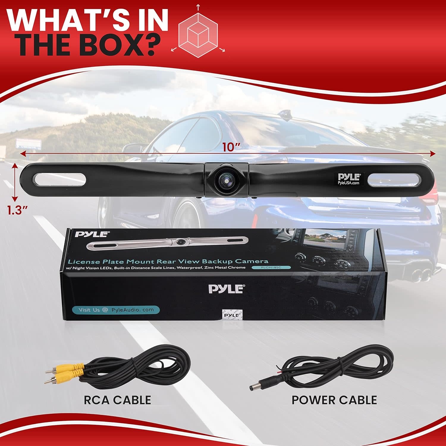 PLCM18SC - Pyle License Plate Rear View Camera - Built-in Distance Scale Lines Backup Parking/Reverse Assist Waterproof Adjustable Slim Bar Cam with 420 TVL Resolution & RCA Output Zinc Metal Chrome - Pyle PLCM18SC, 10 inches