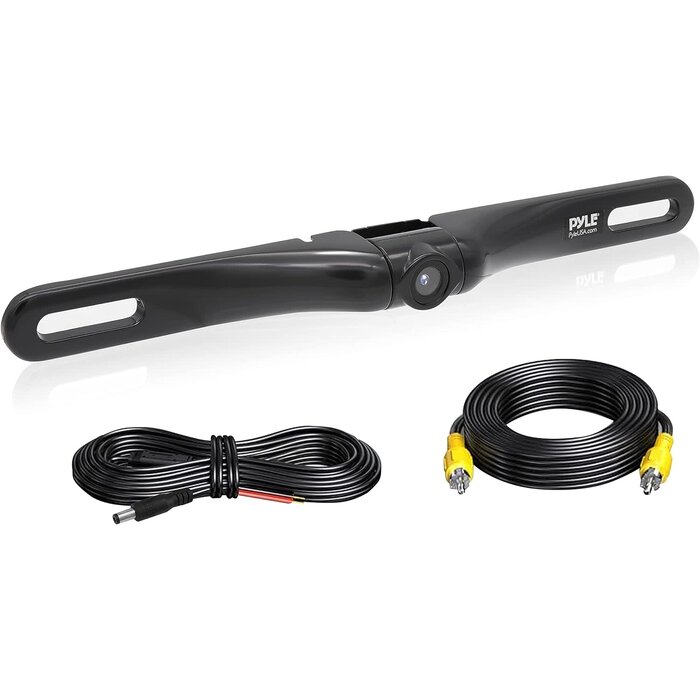 PYLPLCM18BC - Pyle License Plate Rear View Camera - Built-in Distance Scale Lines Backup Parking/Reverse Assist Waterproof Adjustable Slim Bar Cam w/ 420 TVL Resolution & RCA Output Zinc Black Chrome PLCM18BC