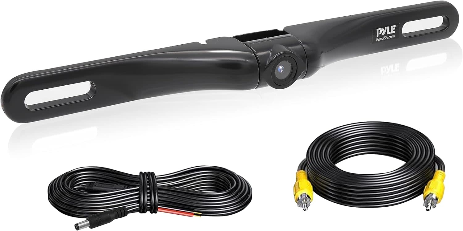 PLCM18SC - Pyle License Plate Rear View Camera - Built-in Distance Scale Lines Backup Parking/Reverse Assist Waterproof Adjustable Slim Bar Cam with 420 TVL Resolution & RCA Output Zinc Metal Chrome - Pyle PLCM18SC, 10 inches