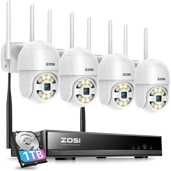 ZOSI C289 2K 8CH Wireless PTZ Security Camera System, 4 x 3MP WiFi Auto Track Camera Outdoor, Color Night Vision, 2-Way Talk, AI Human Vehicle Detection, Light & Siren Alarm, 1TB HDD for 24/7 Record