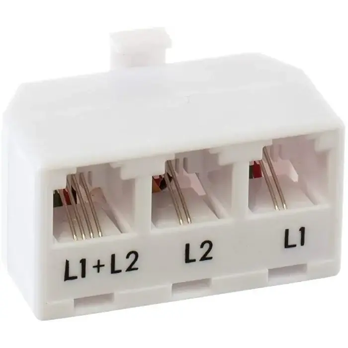 1/M-3/F-PHONE-SPLITTER - NECABLES - Phone Jack Splitter 2 Line Adapter RJ11 1 Male to 3 Females (L1, L2, L1+L2) and 1pc Telephone Line Coupler White