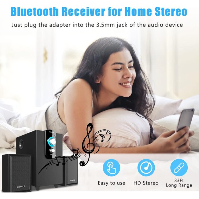 KROMEN 5689-RECEIVER - KROMEN Bluetooth Aux Adapter, Wireless Bluetooth Car Adapter, Mini Portable 3.5mm Aux Receiver for Car, Headphones, Home Stereo Music System (Black)