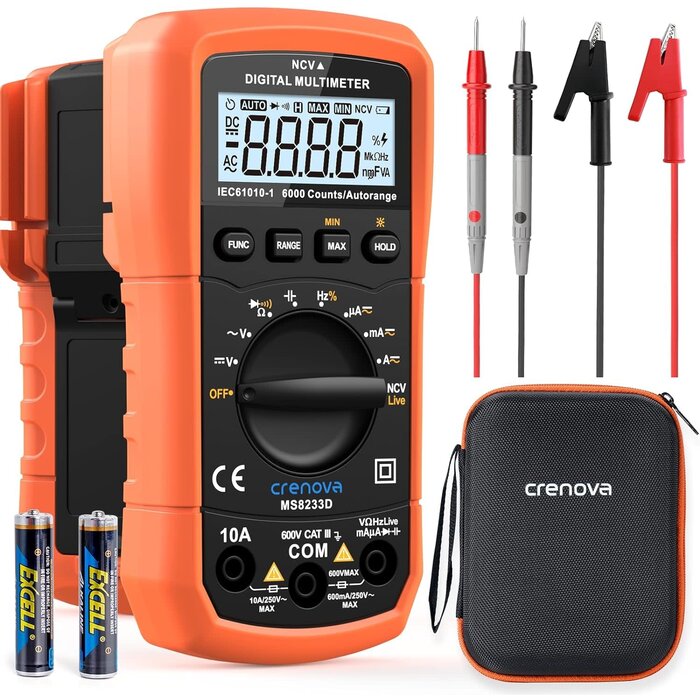 Crenova MS8233D - Crenova Multimeter 6000 Counts Digital Multimeter DC AC Volt Meter Ohm Volt Amp Tester Measures Voltage Current Resistance Capacitance Continuity Diode Duty-Cycle Frequency NCV Live Wire Test
