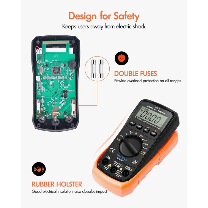Crenova MS8233D - Crenova Multimeter 6000 Counts Digital Multimeter DC AC Volt Meter Ohm Volt Amp Tester Measures Voltage Current Resistance Capacitance Continuity Diode Duty-Cycle Frequency NCV Live Wire Test
