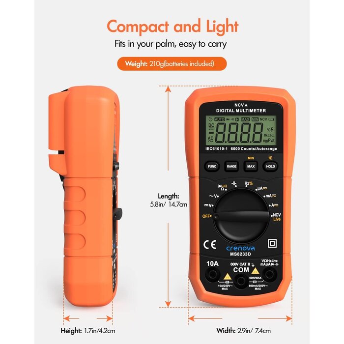 Crenova MS8233D - Crenova Multimeter 6000 Counts Digital Multimeter DC AC Volt Meter Ohm Volt Amp Tester Measures Voltage Current Resistance Capacitance Continuity Diode Duty-Cycle Frequency NCV Live Wire Test