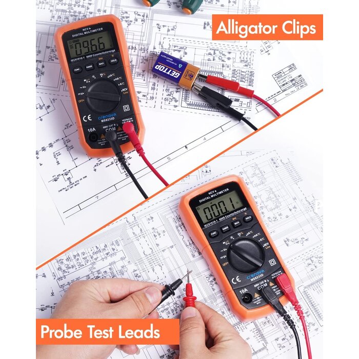 Crenova MS8233D - Crenova Multimeter 6000 Counts Digital Multimeter DC AC Volt Meter Ohm Volt Amp Tester Measures Voltage Current Resistance Capacitance Continuity Diode Duty-Cycle Frequency NCV Live Wire Test